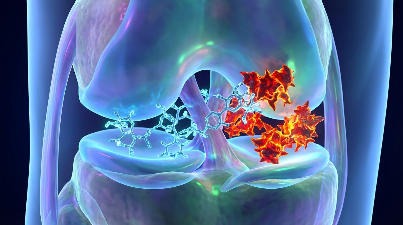 3D medical illustration showing meloxicam reducing prostaglandins and joint inflammation