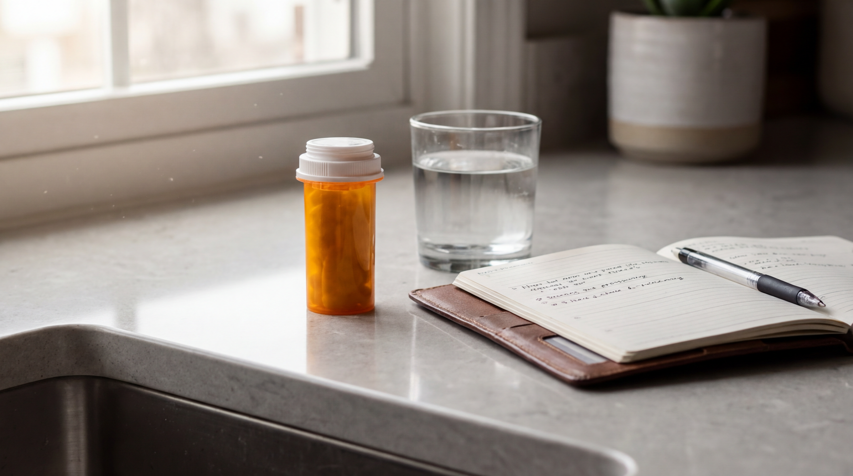 Prescription meloxicam bottle and a glass of water on a kitchen counter