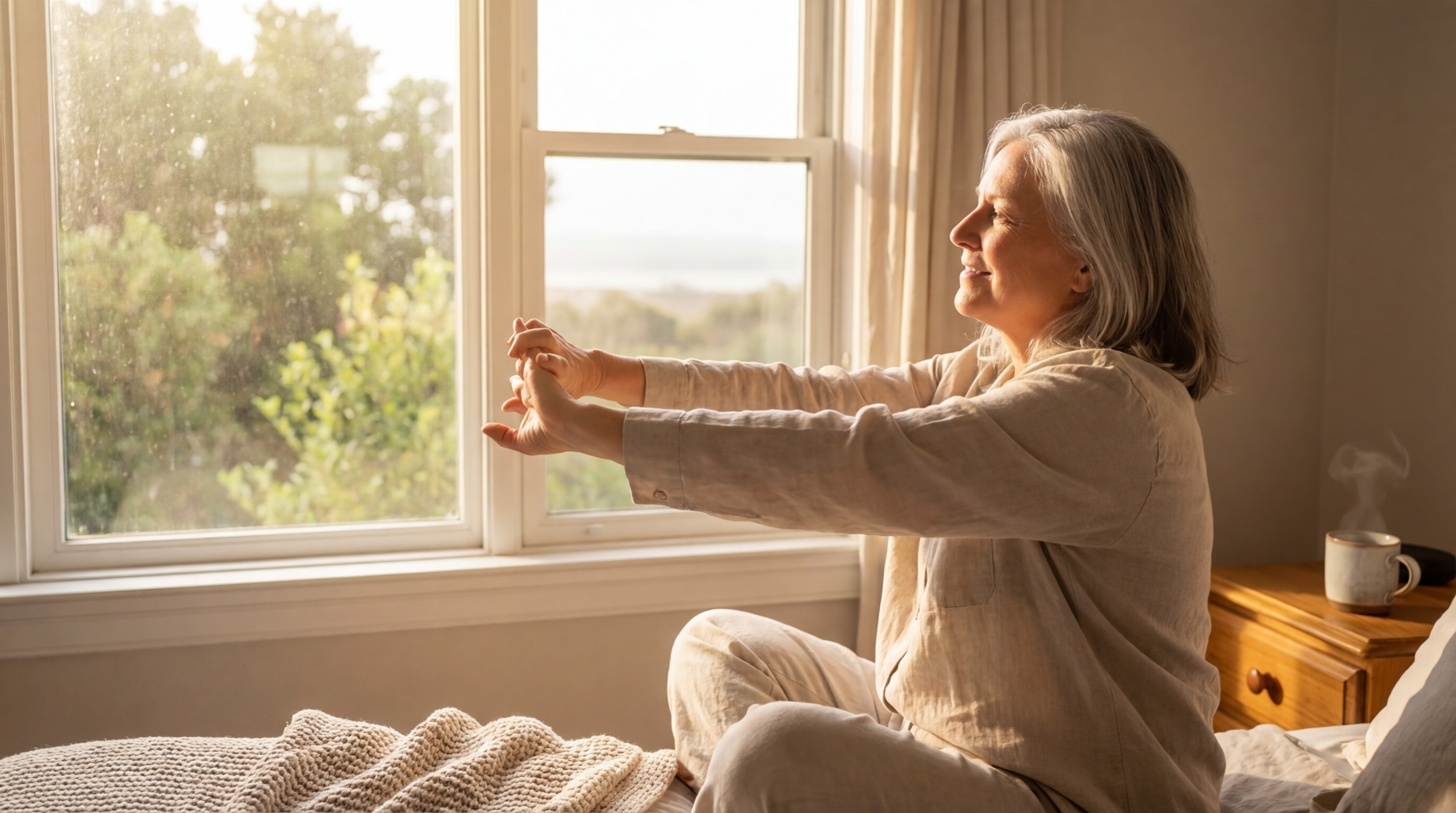 Patient experiencing relief from morning joint stiffness after taking systemic inflammation medication