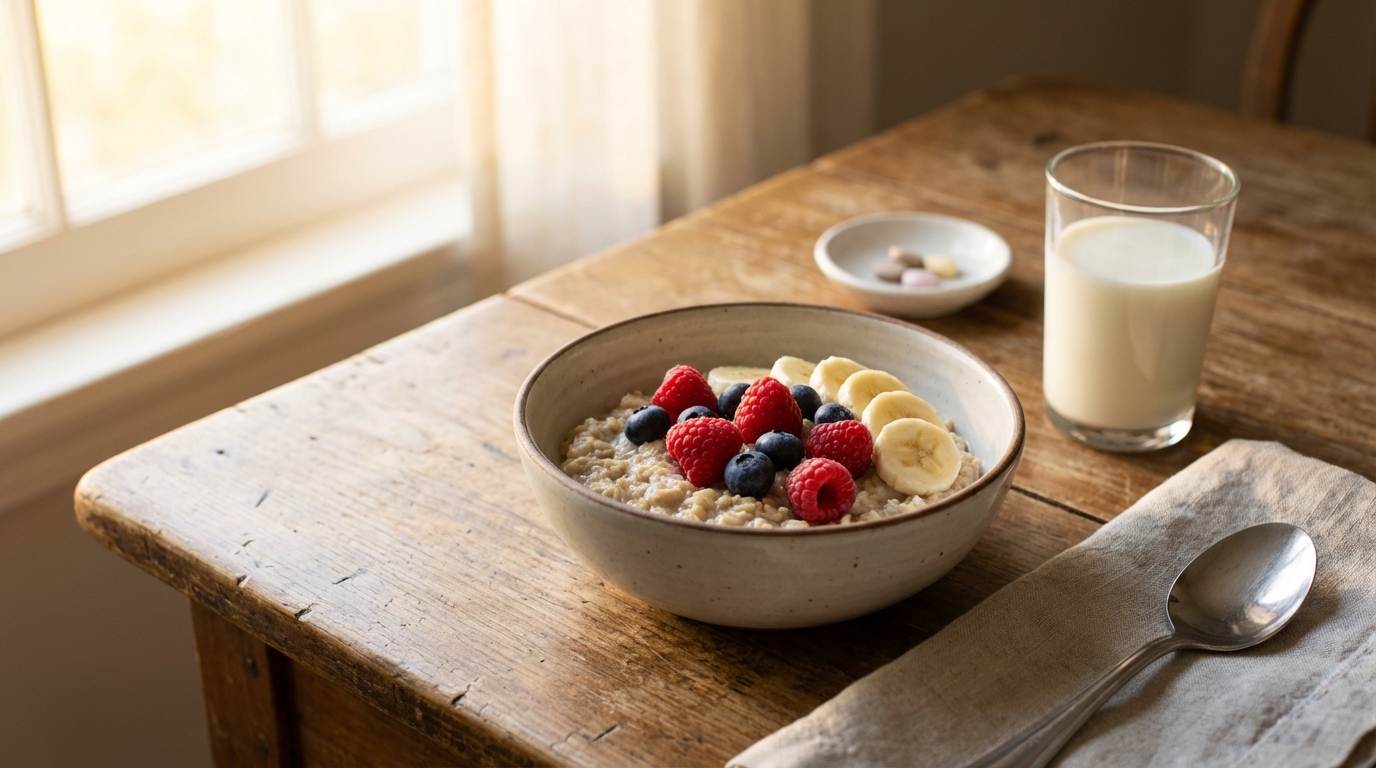 Healthy breakfast meal with milk to prevent NSAID side effects from meloxicam