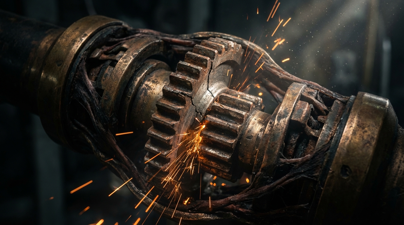 Mechanical gear grinding illustrating poor biomechanics and structural failure from masking pain.