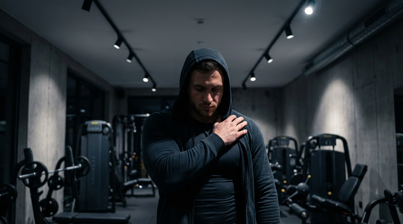 Bodybuilding athlete contemplating recovery from a sports injury in the gym