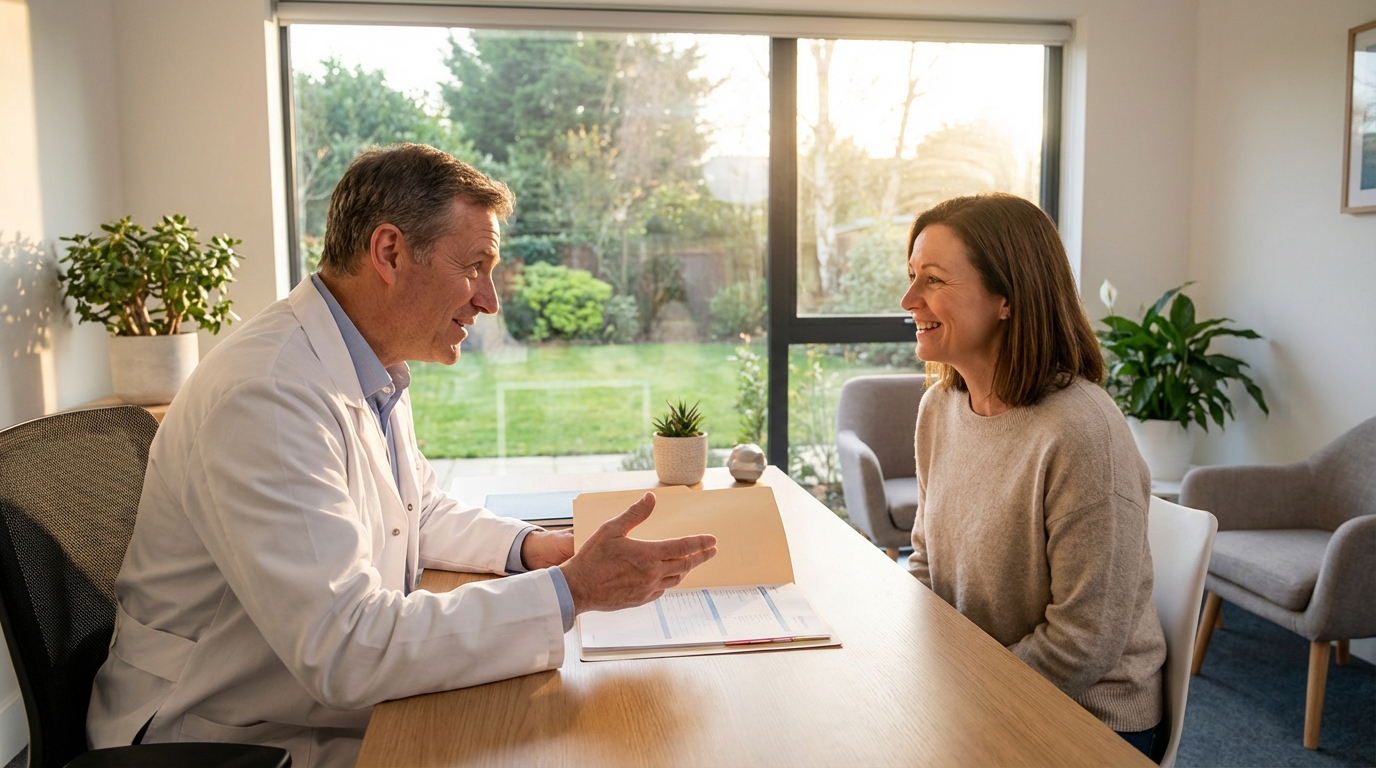 A patient discussing a safe prescription transition with their trusted doctor in a sunny clinic.