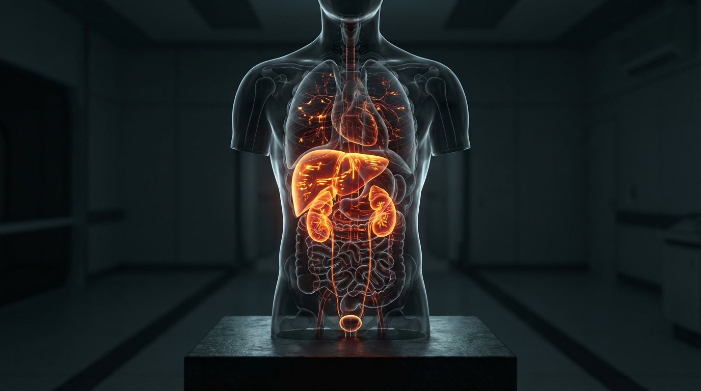 Anatomical render highlighting liver toxicity and kidney strain