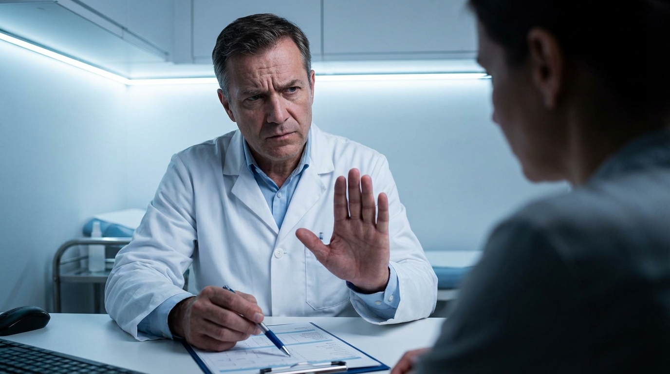 Doctor giving a strict medical warning to a patient about mixing medication and alcohol