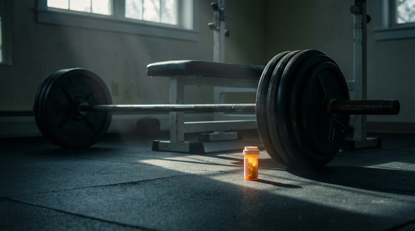 Prescription medication bottle sitting next to a bench press highlighting the sports injury dilemma