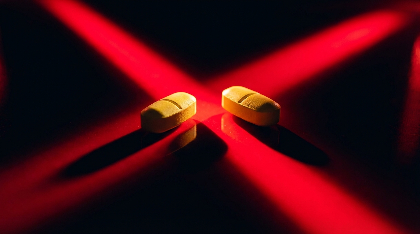 Conceptual warning image showing the overdose risk of taking two prescription pills at once