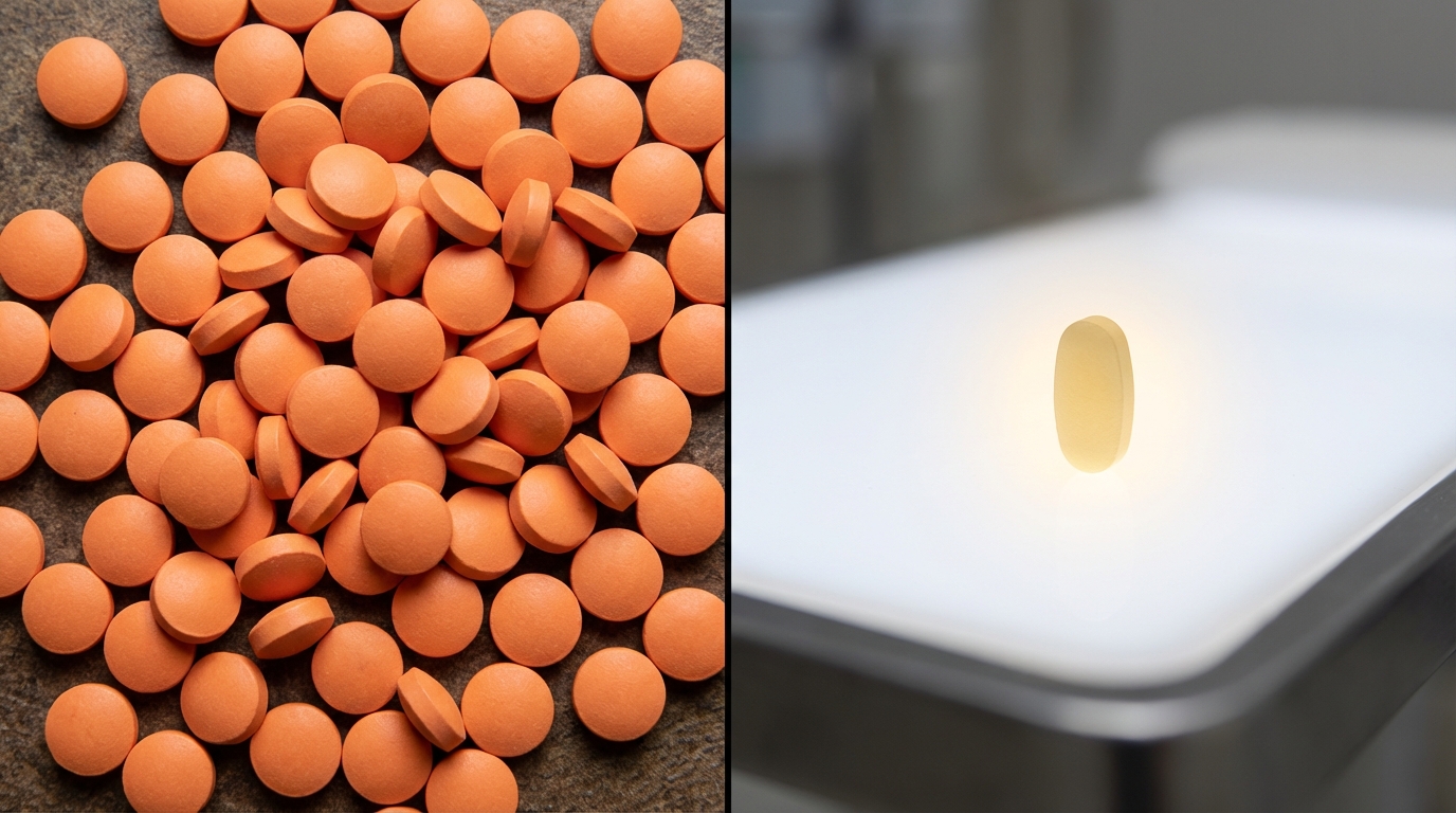 Visual comparison showing a single prescription pill versus a large handful of ibuprofen pills.