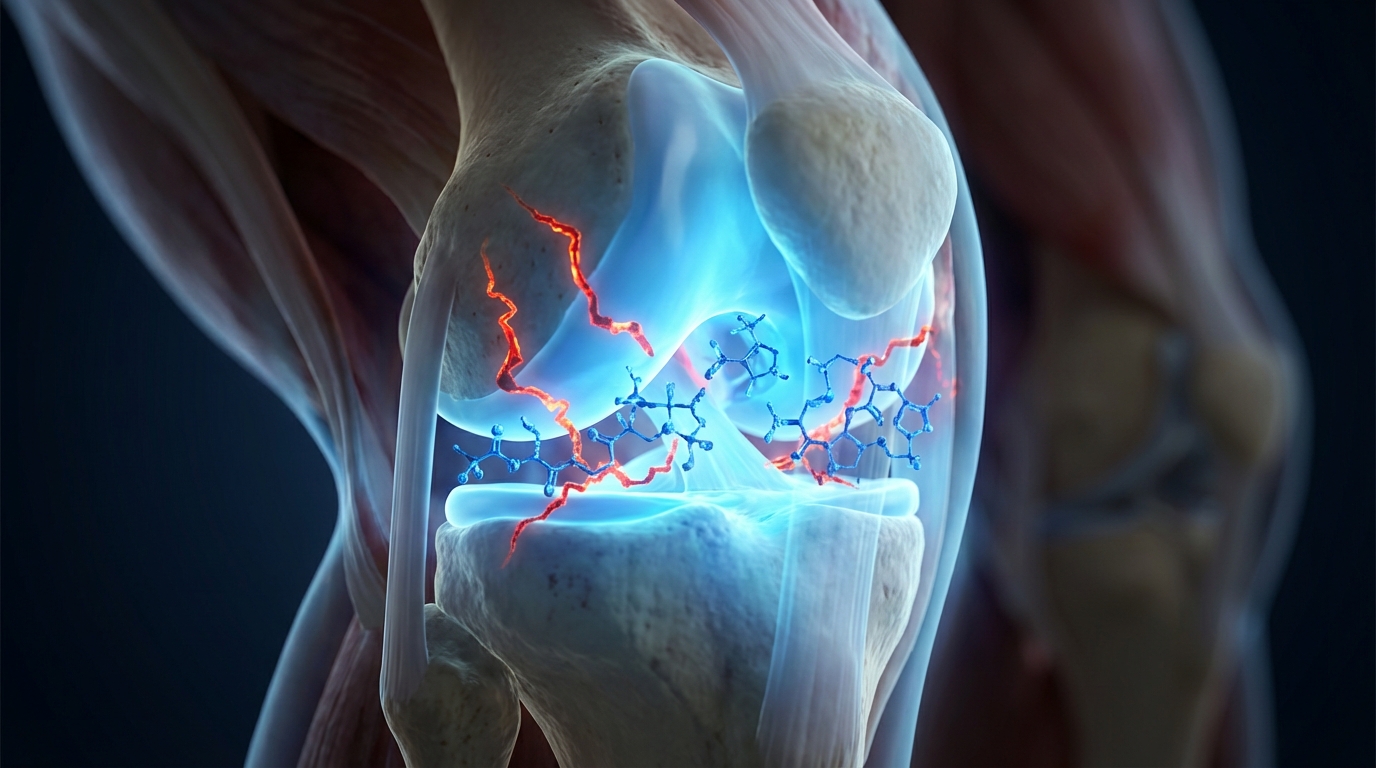 3D visualization of Meloxicam chemically altering pain perception without healing cartilage damage.