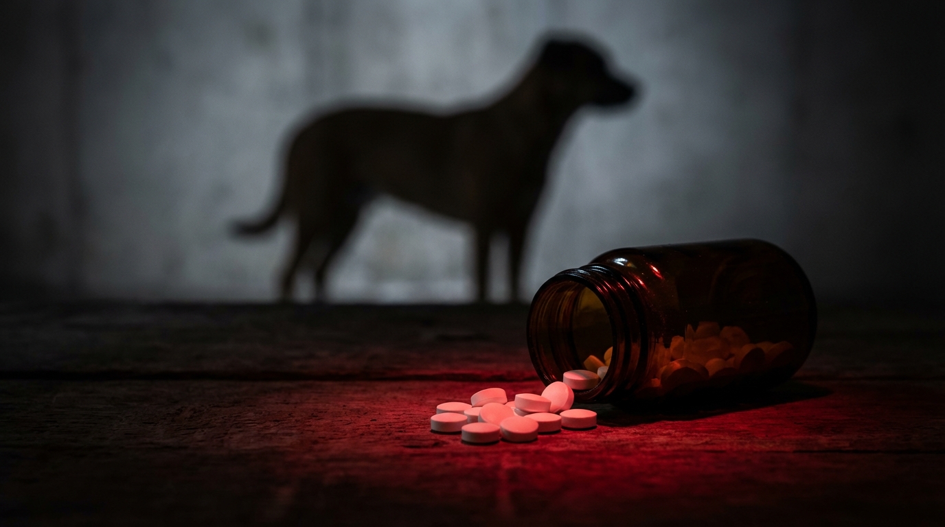 Conceptual warning image showing the danger of human medication to pet safety