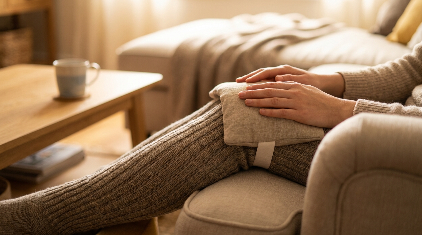 A person safely applying a heating pad to a stiff knee to manage joint pain