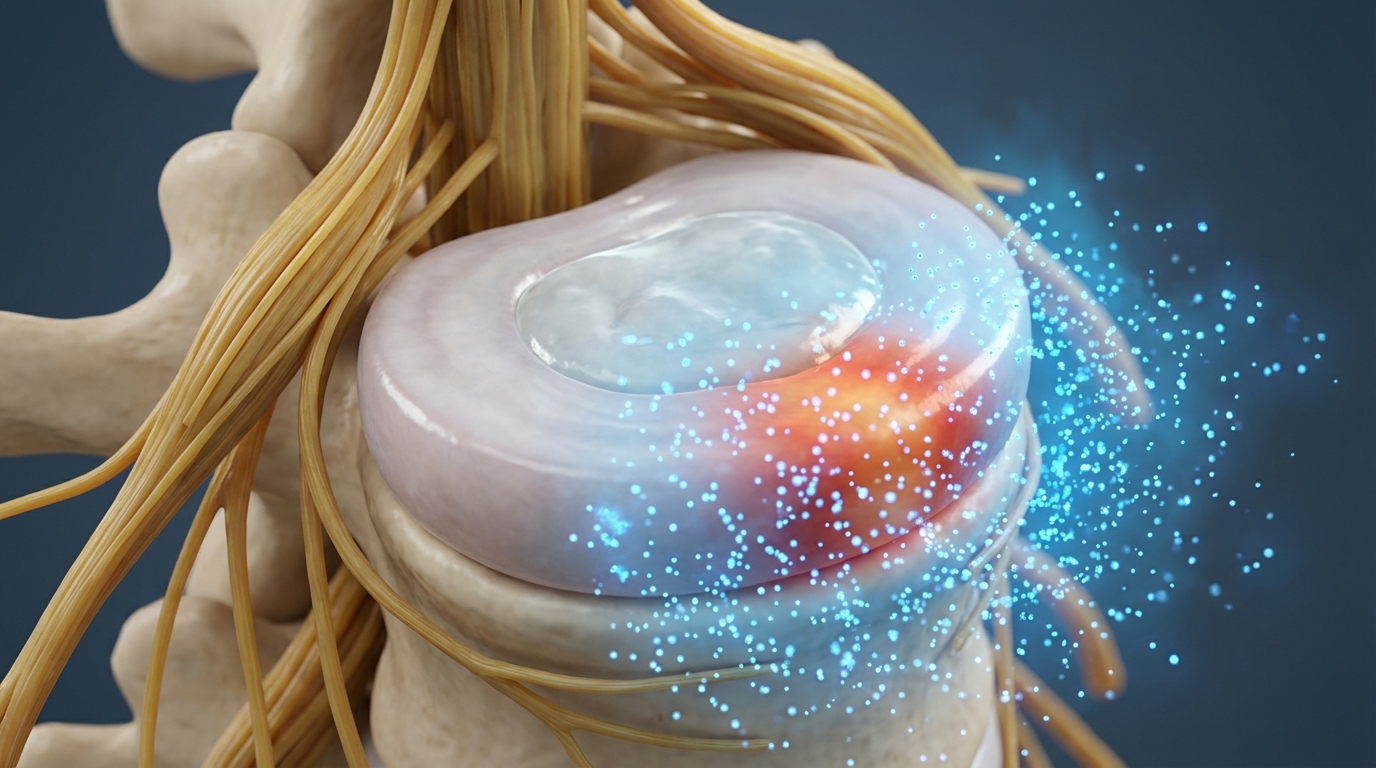 Medical visualization of lumbar inflammation being treated with NSAIDs like meloxicam