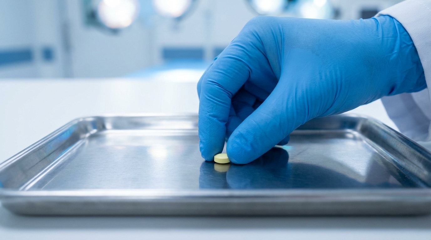 A pharmacist preparing a standard 15mg pill of meloxicam