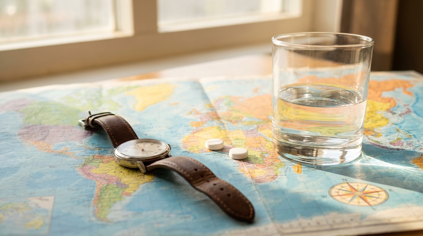 A watch and a map illustrating time zone dosing for traveling with medication.