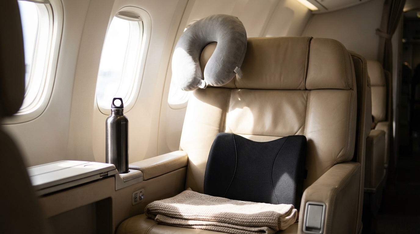 Comfortable airplane seat with a water bottle and travel pillow showcasing travel hacks for pain.