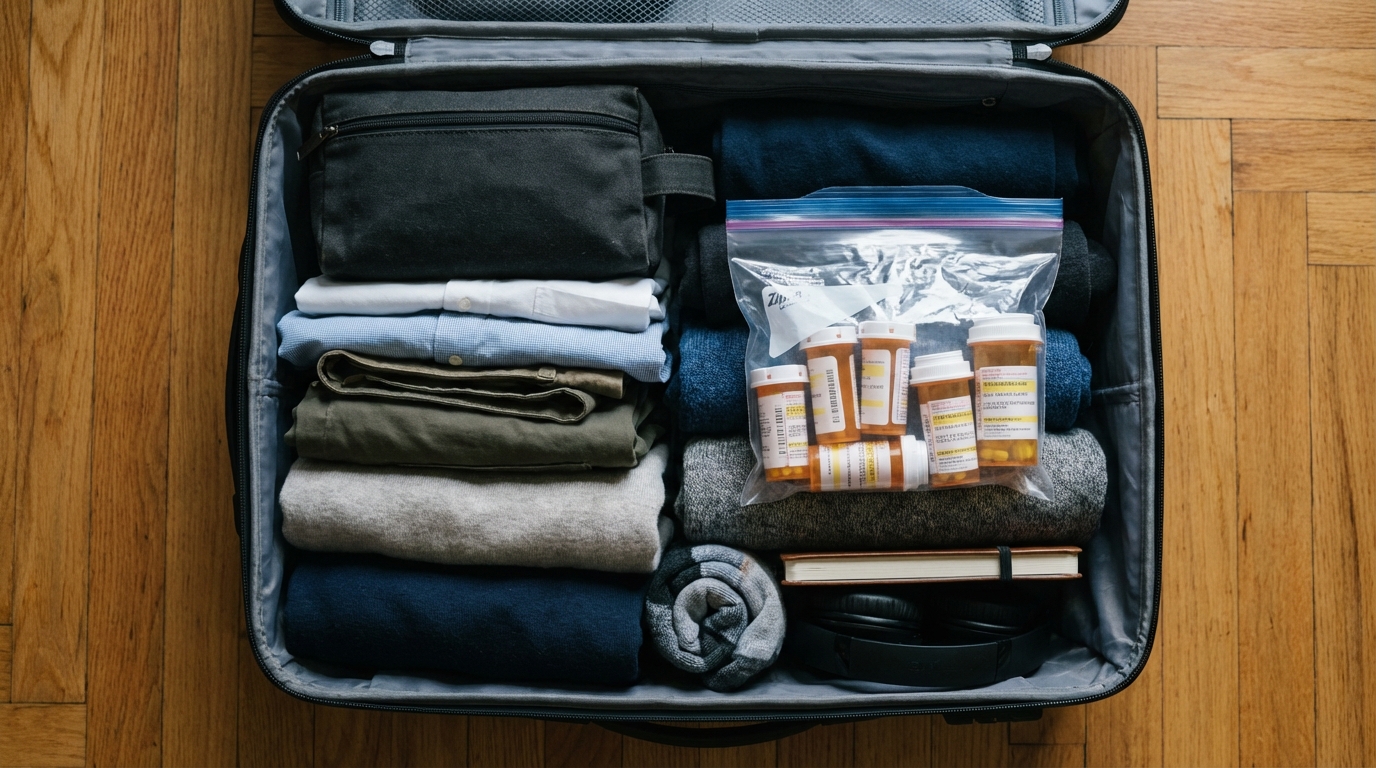 A clear bag of prescription medication packed safely in a carry-on bag to comply with TSA medication rules.