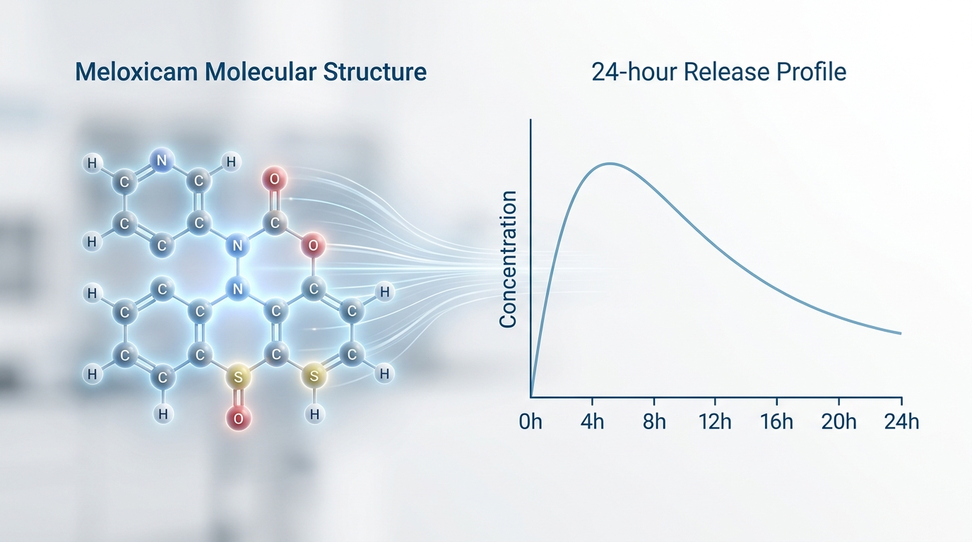 Medical diagram illustrating the 20-hour half-life of meloxicam and the timeline for when pain relief begins and reaches steady-state.