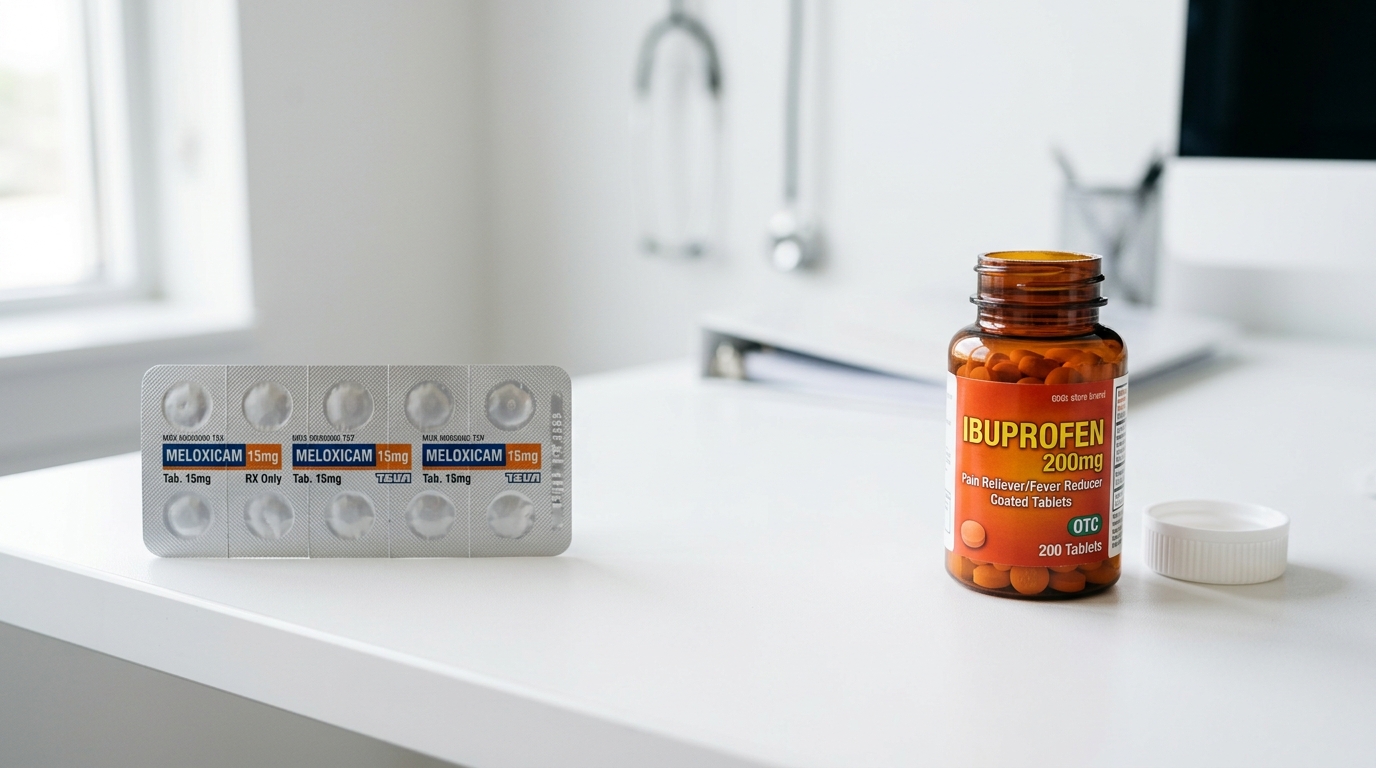 A comparison of meloxicam and ibuprofen medication packaging on a medical desk to represent the choice between daily and acute pain relief.