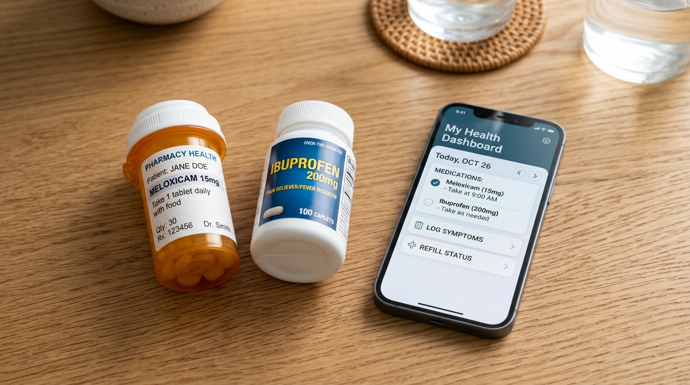 A prescription bottle of meloxicam and a bottle of over-the-counter ibuprofen side-by-side to illustrate the risks of mixing NSAIDs for arthritis pain.