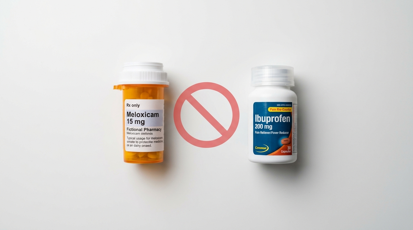 Medical warning showing why you should not combine ibuprofen and meloxicam to avoid adverse drug interactions.