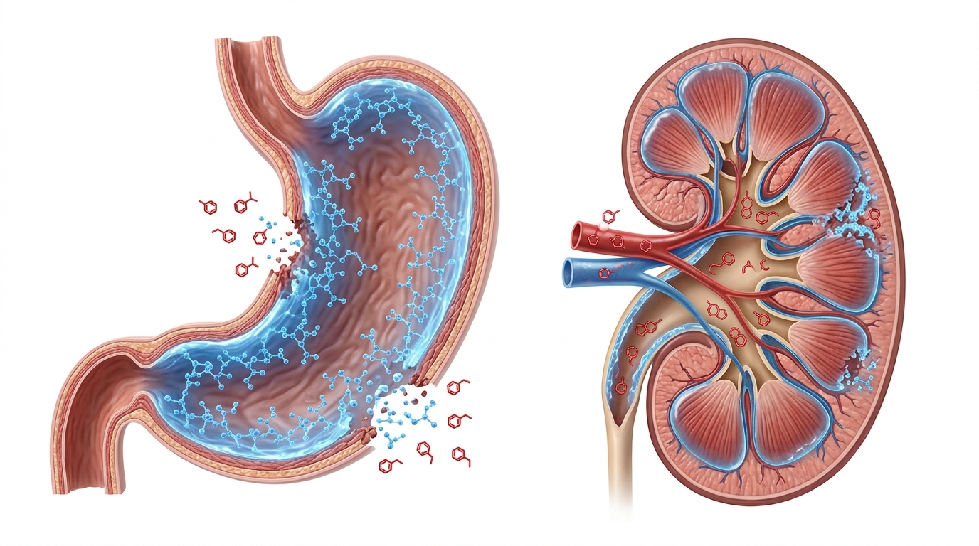 Medical visualization of how mixing NSAIDs like ibuprofen and meloxicam reduces protective prostaglandins in the stomach and kidneys
