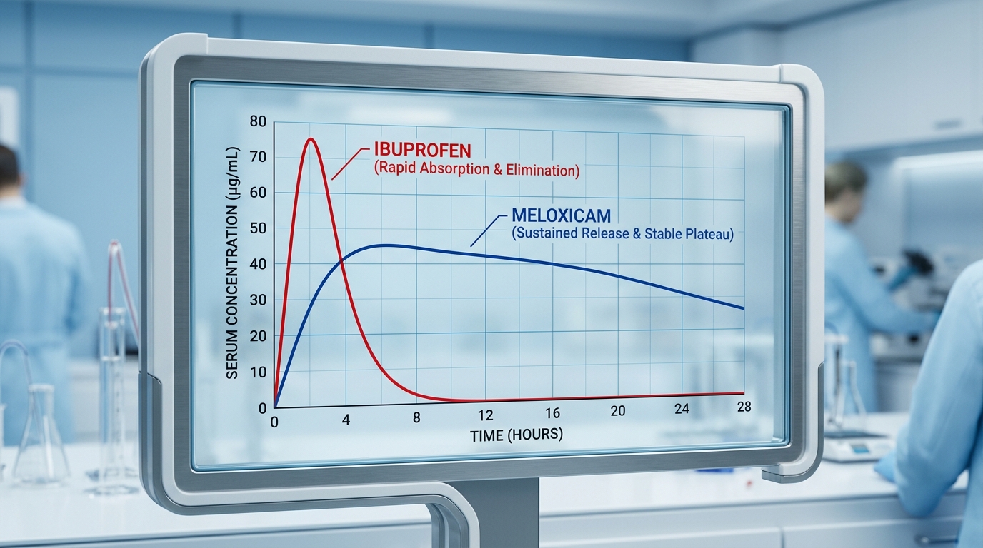 A graph comparing the short-acting nature of ibuprofen against the steady-state serum concentration of meloxicam.