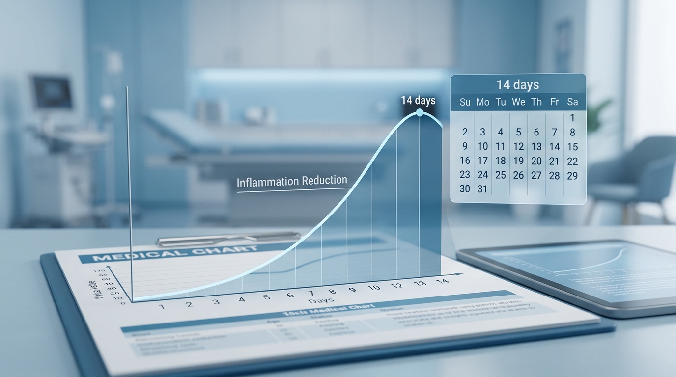 Medical timeline graph showing the gradual onset of meloxicam anti-inflammatory relief over 14 days