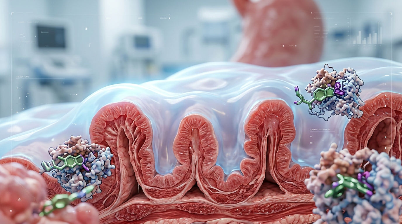 Medical illustration showing the protective stomach mucus layer and the impact of meloxicam on gastric health.