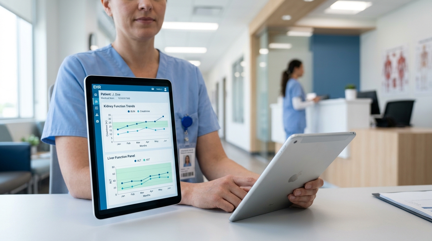 A physician reviewing patient blood work and renal function charts for long-term meloxicam management.