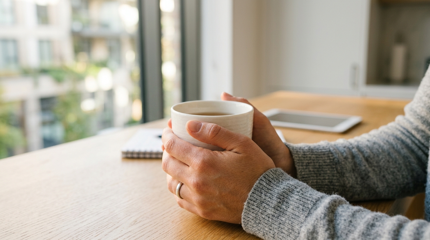 A person holding a warm mug to soothe arthritic hands, representing the struggle with morning stiffness and the search for relief through meloxicam.