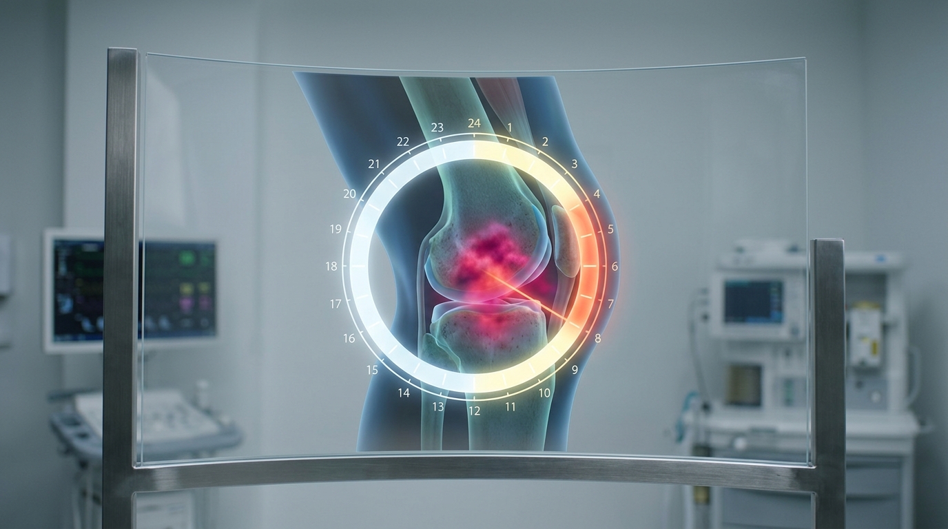 A medical visualization showing the biological clock and the morning peak of inflammation in joints, illustrating the optimal timing for once-daily meloxicam dosing.