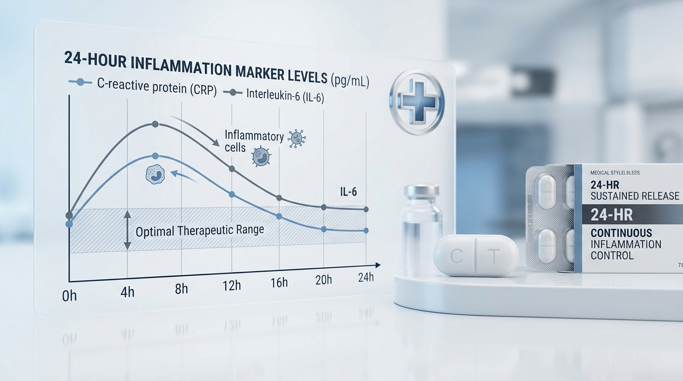 A conceptual timeline showing how long-acting meloxicam reduces chronic arthritis morning pain and stiffness over a 24-hour period.