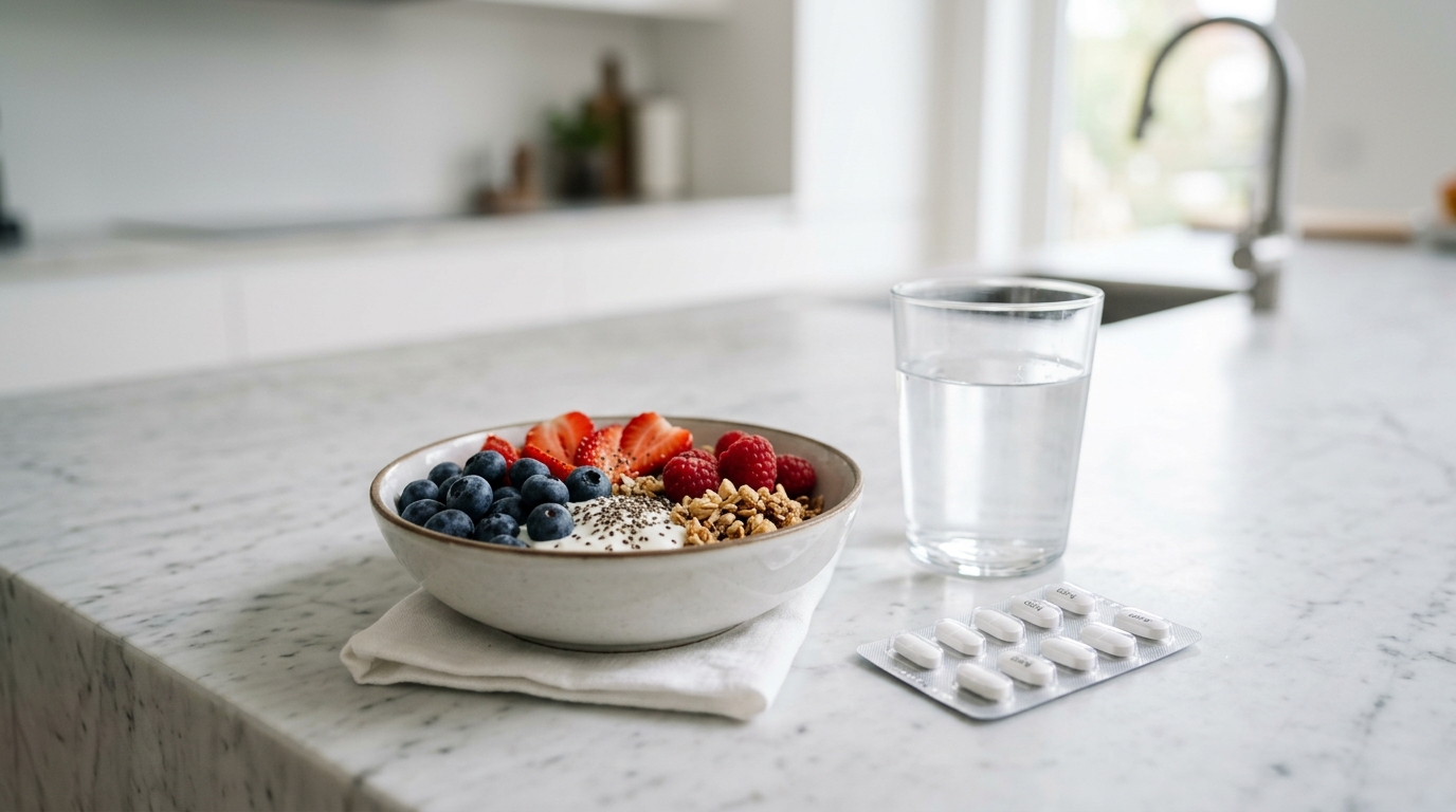 Close up of food and water to aid in the safe digestion of once-daily meloxicam tablets.
