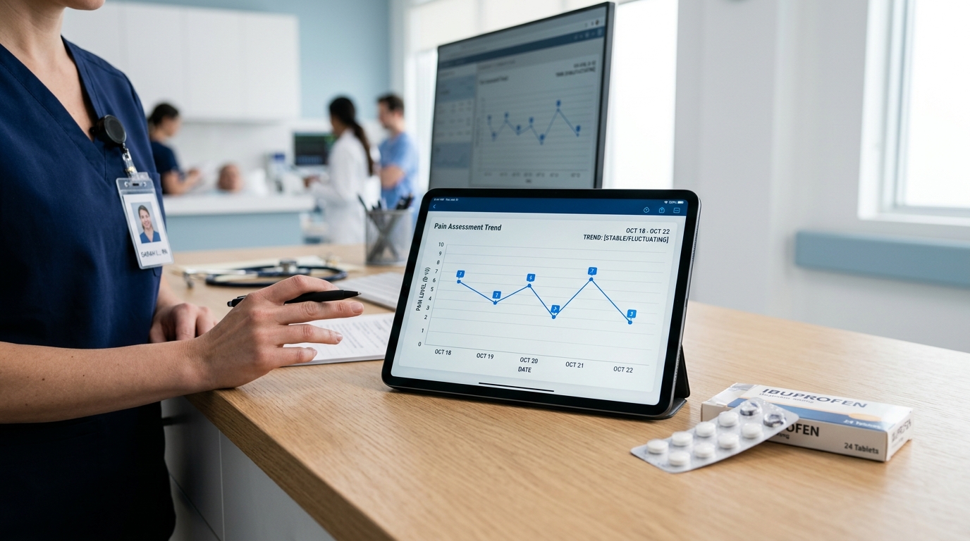 Medical professional reviewing a patient treatment plan involving meloxicam and comparing efficacy against ibuprofen for arthritis pain management.