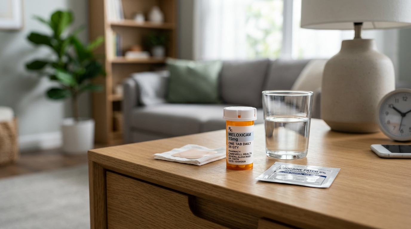 Professional medical setup featuring meloxicam and lidocaine patches for managing breakthrough pain safely.