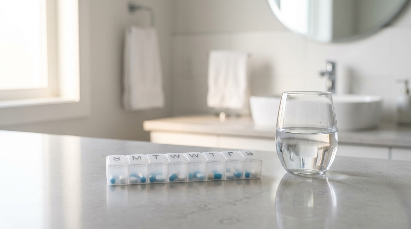 A daily pill organizer on a clean bathroom vanity reflecting a focus on missed meloxicam dose management.