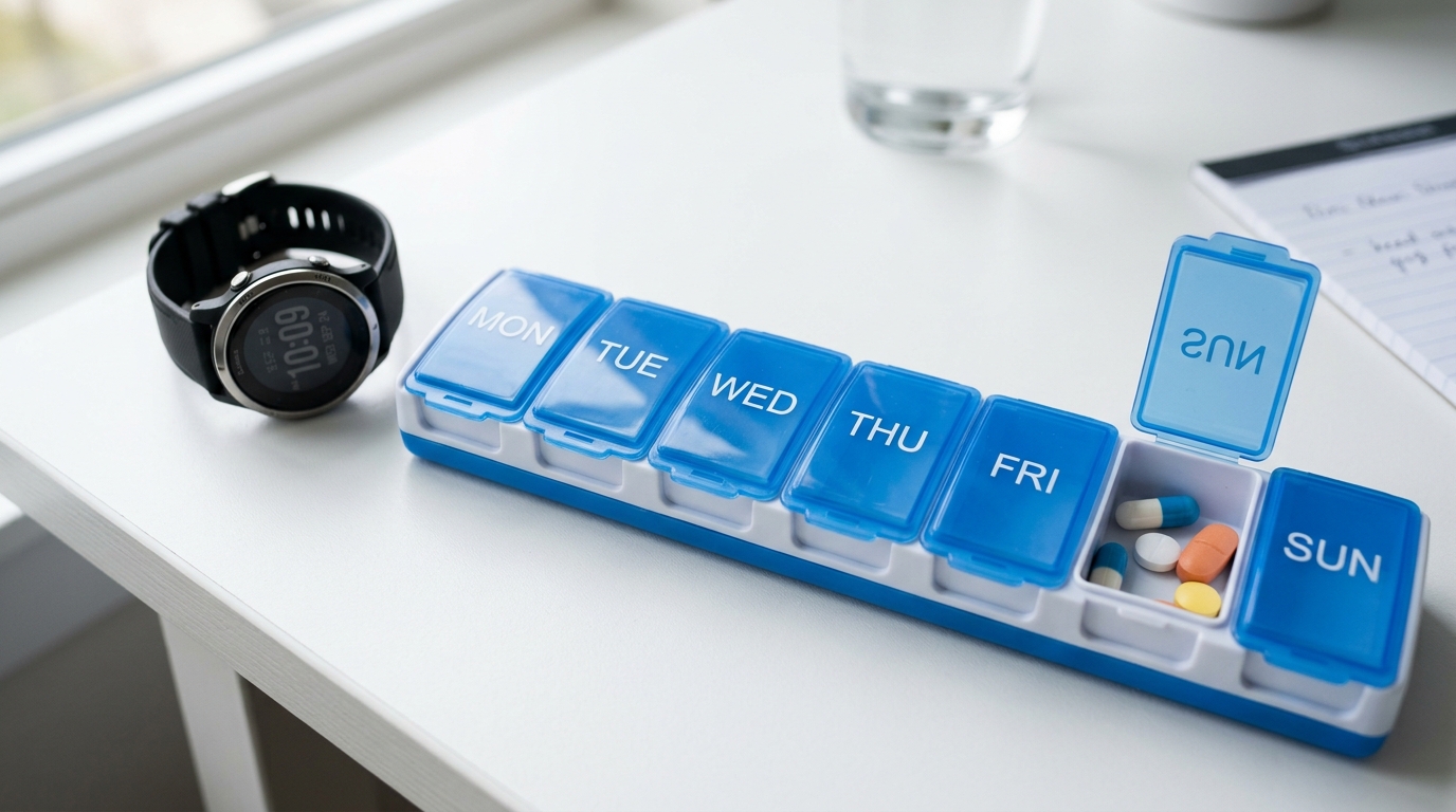 A pill organizer illustrating safe medication management to avoid the dangers of double-up meloxicam dosing.