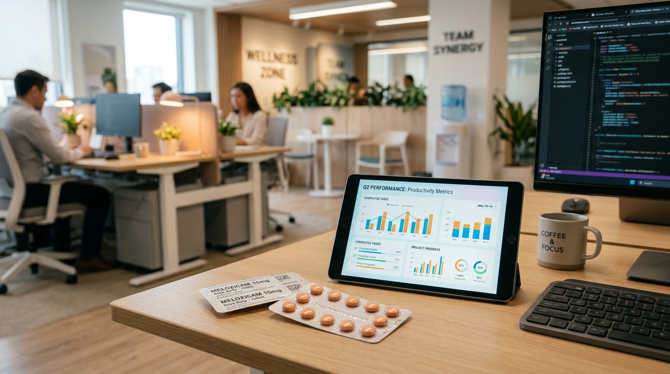 Professional desk setup highlighting meloxicam for workplace pain management and joint relief