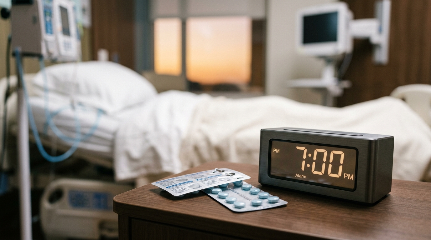 A blister pack of meloxicam near a bedside clock to manage morning stiffness and painsomnia.