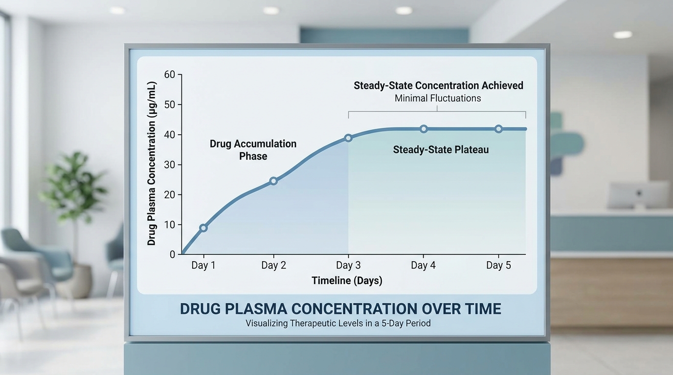 A clinical illustration demonstrating how meloxicam reaches a steady state in the blood over 3 to 5 days for chronic pain management.