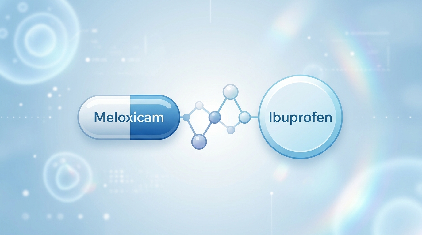 Medical diagram illustrating the pharmacological relationship between meloxicam and ibuprofen capsules.