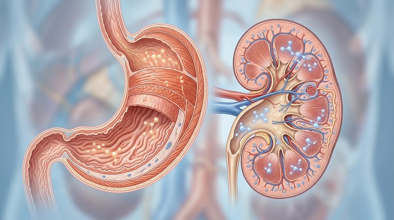 Medical diagram illustrating the risks of mixing meloxicam and ibuprofen and its impact on the gastric mucosa and kidney function.