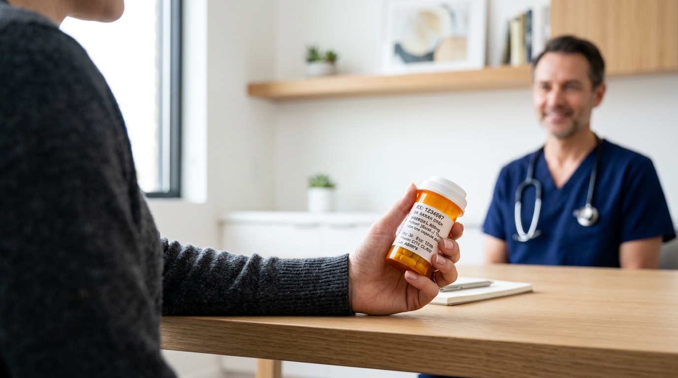 A patient holding a medication bottle, representing the process of managing meloxicam side effects and setting realistic treatment expectations.