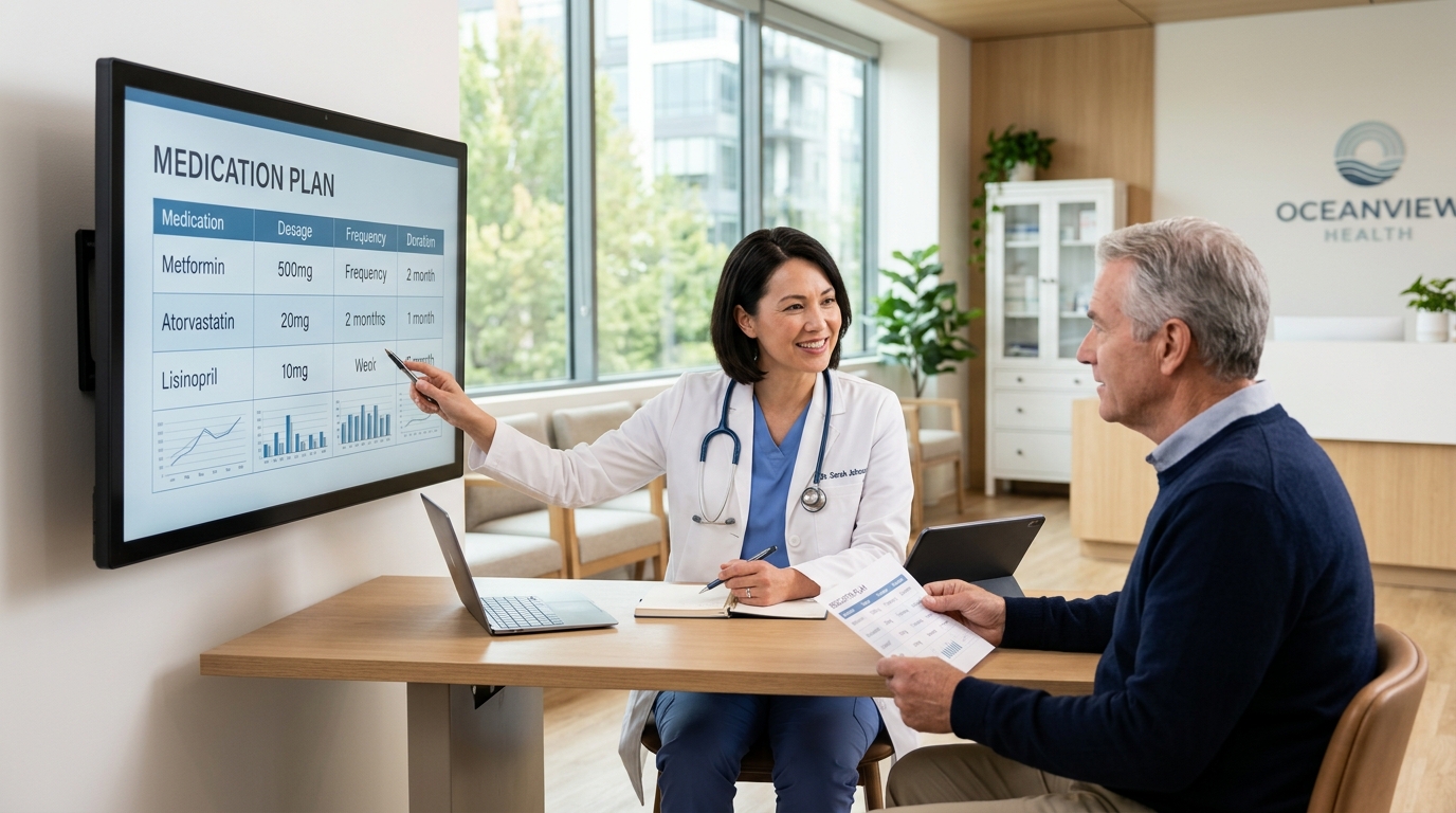 A patient and doctor discussing the safety profile of non-addictive meloxicam in a modern clinical setting.
