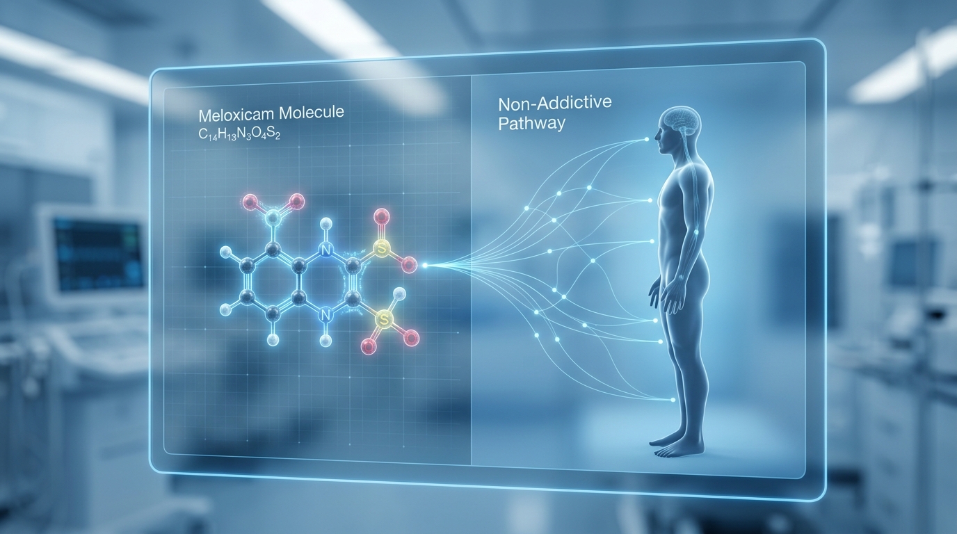 Medical illustration comparing the non-addictive safety profile of meloxicam versus opioids