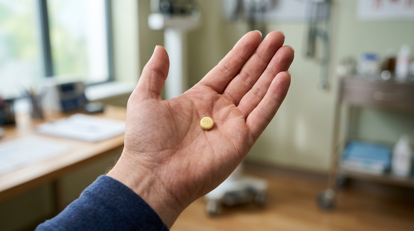 A patient holding meloxicam medication for arthritis pain management, illustrating the body's adjustment period to NSAID treatment.