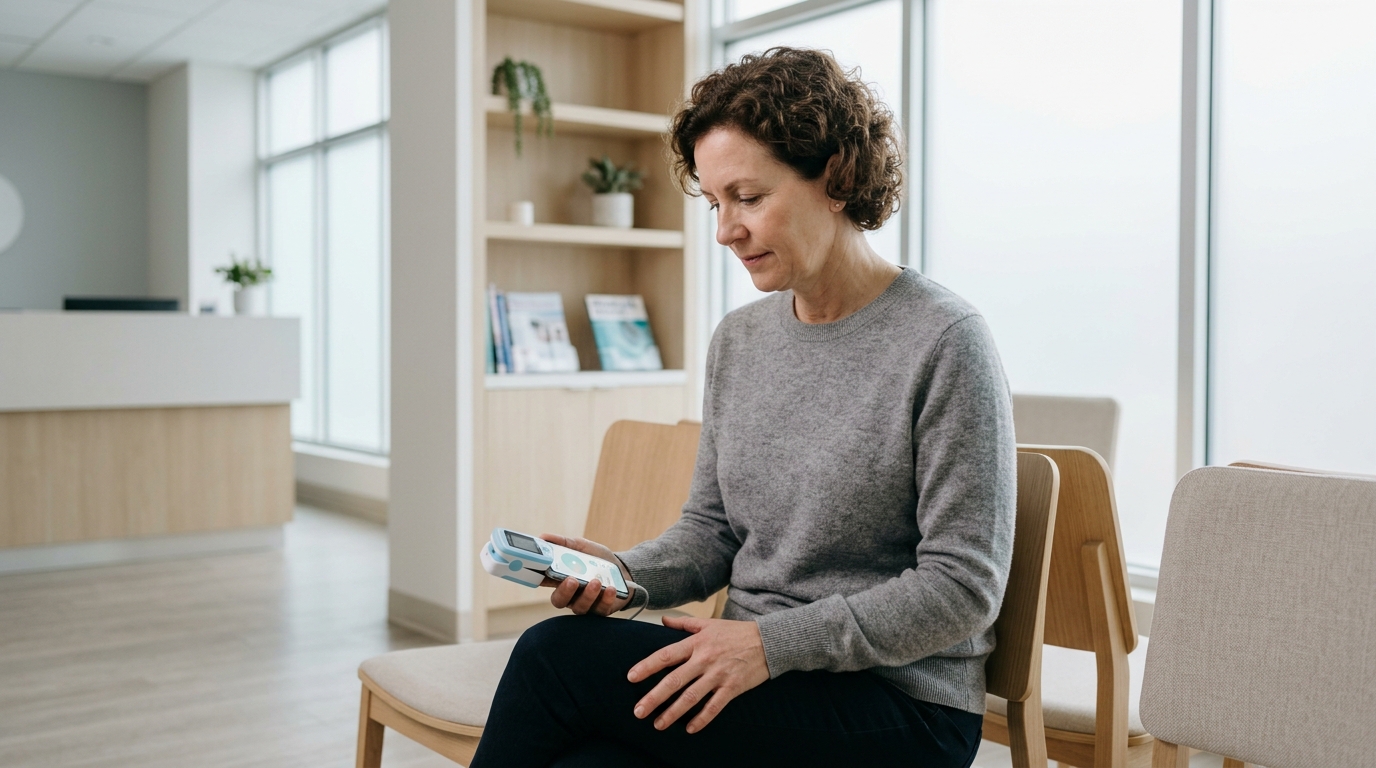 A patient monitoring common mild side effects associated with Meloxicam or Mobic usage in a professional medical setting.