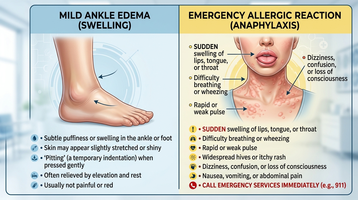 Comparison of mild ankle swelling vs severe allergic reaction symptoms to meloxicam for patient education.