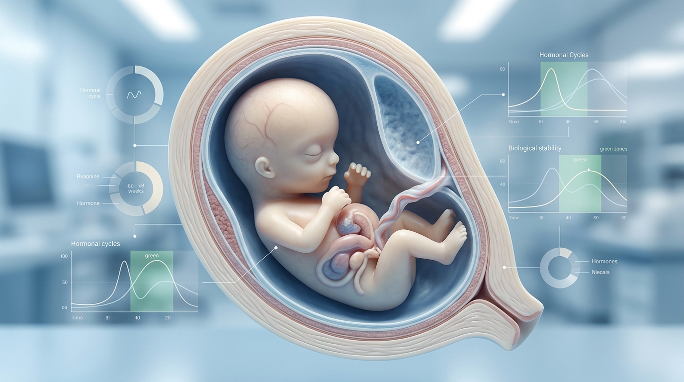 Medical visualization of first trimester development and the clinical warnings regarding NSAID use after 20 weeks of pregnancy.