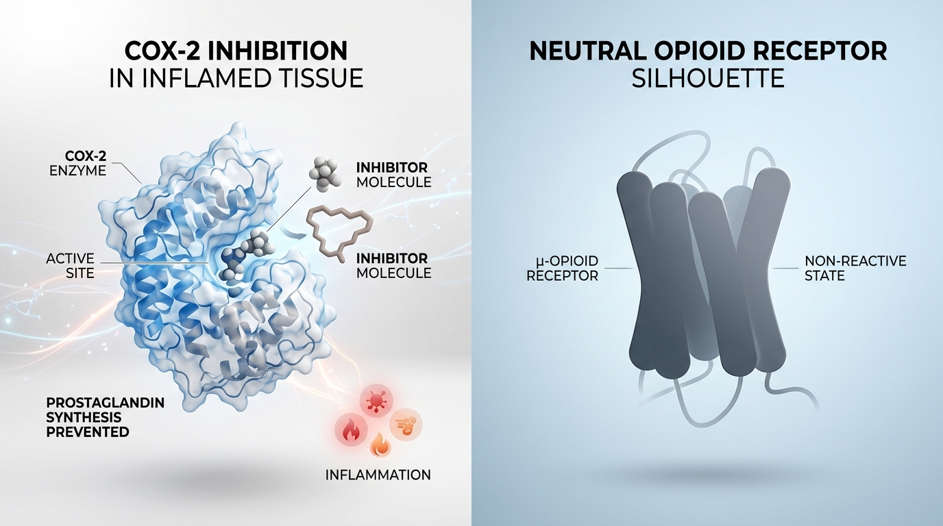 Pharmacological illustration comparing non-addictive meloxicam mechanism of action versus opioid receptor pathways.